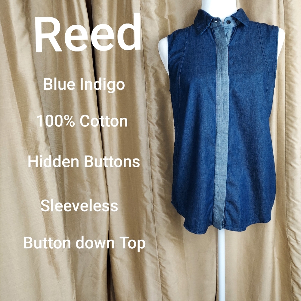 Reed indigo blue hidden button up Top size S